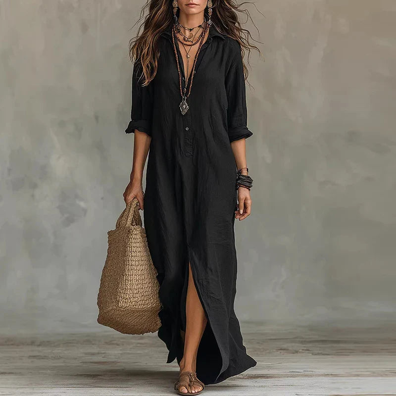 Vivienne | Dame Boho Skjortekjole Maxikjole med Slids