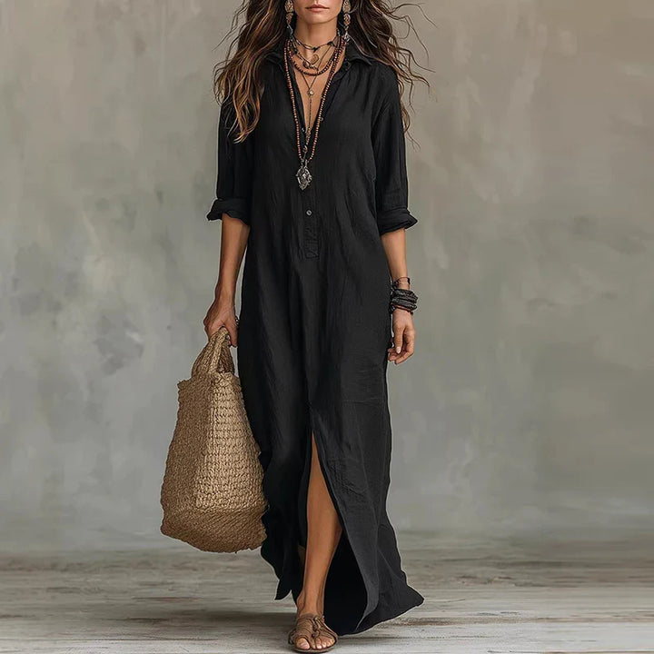 Vivienne | Dame Boho Skjortekjole Maxikjole med Slids