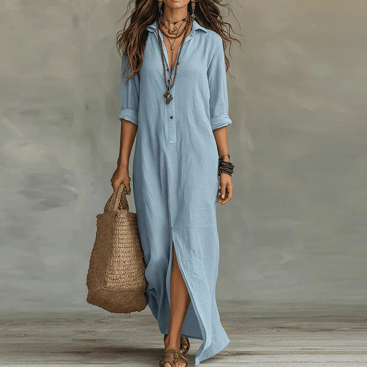 Vivienne | Dame Boho Skjortekjole Maxikjole med Slids