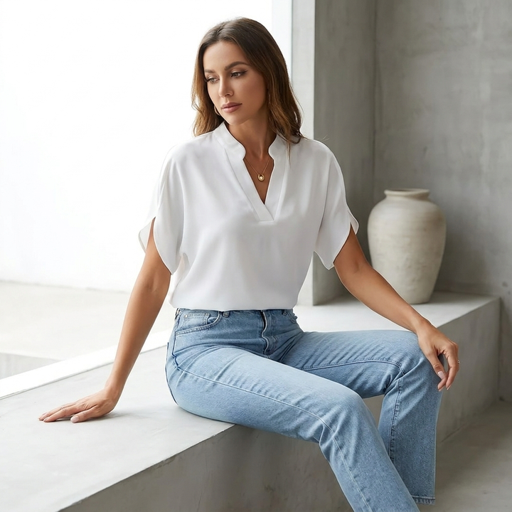 Laura | Dame Elegant V-Hals Bluse med Flydende Snit